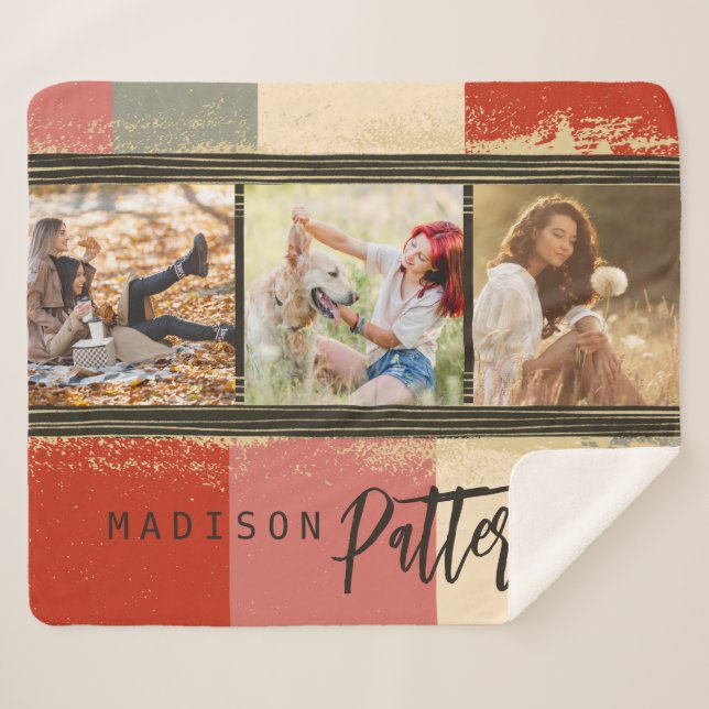 Couverture Sherpa 3 Photo Collage Rustique Abstrait Nom personnalisé (Devant (Horizontal))