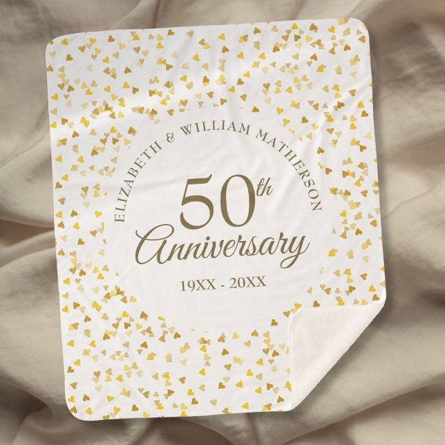 Couverture Sherpa 50e Anniversaire de Mariage Or Cœurs Confettis (50th Wedding Anniversary Gold Love Hearts Confetti Sherpa Blanket)