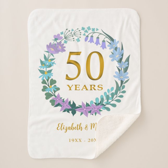 Couverture Sherpa 50e anniversaire Golden Floral Bluebells Wreath (Devant)