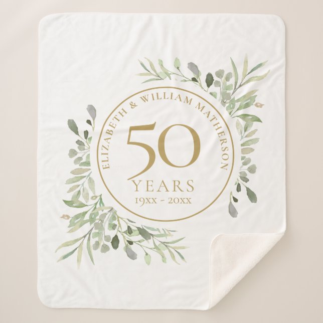 Couverture Sherpa 50e anniversaire Mariage or Aquarelle Verdure (Devant)
