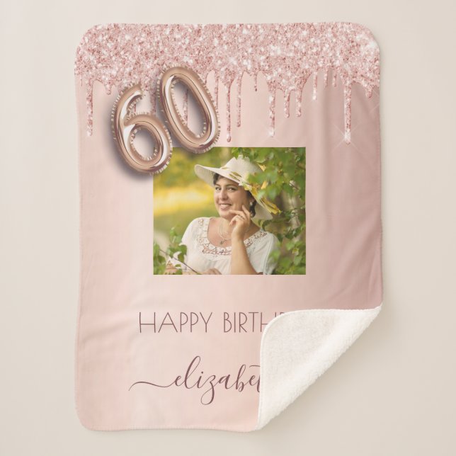 Couverture Sherpa 60e anniversaire photo blush rose rose or parties  (Devant)