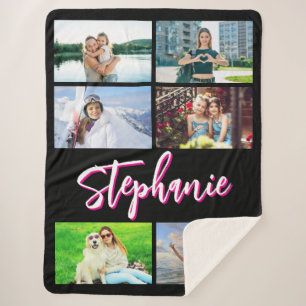 Couverture Sherpa 6 Collage de photos personnalisé rose chaud noir