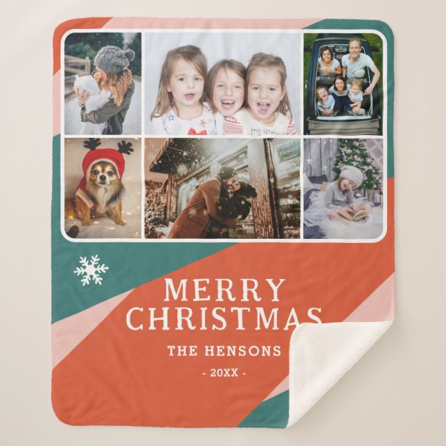 Couverture Sherpa 6 Photo Collage rose vert orange Famille de Noël (Devant)