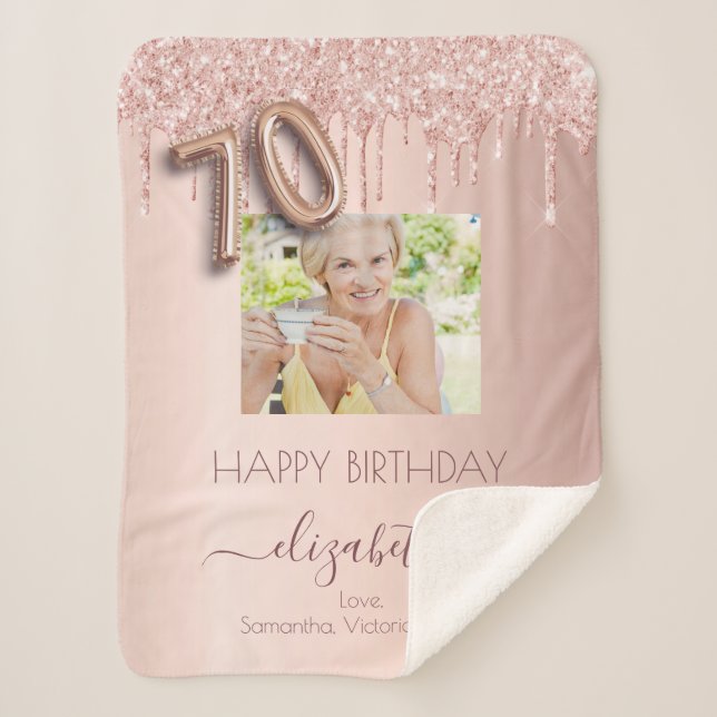 Couverture Sherpa 70e anniversaire photo rose or parties scintillant (Devant)
