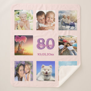 Couverture Sherpa 80e anniversaire rose or blush photo collage nom