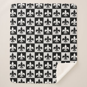 Couverture Sherpa à damiers Blanc Noir Fleur-De-Lis Motif