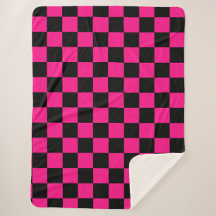 Couverture Sherpa à damiers carré rose chaud noir rétro géométrique