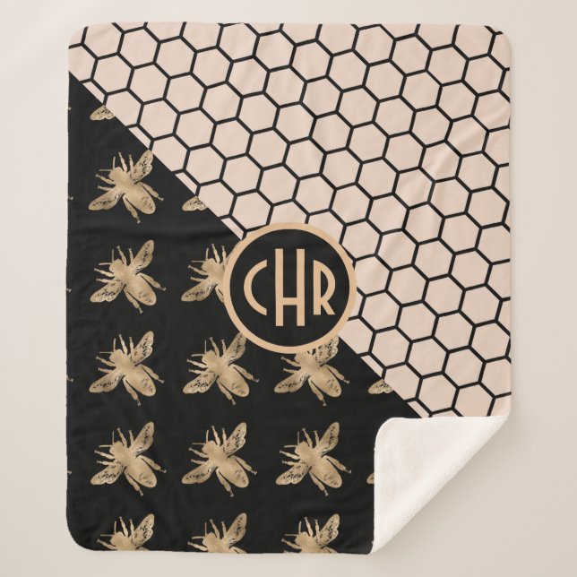 Couverture Sherpa Abeilles noires et d'or et monogramme d'abeille ro (Devant)