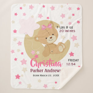 Couverture Sherpa Adorable Teddy Bear Baby Girl Birth Stats