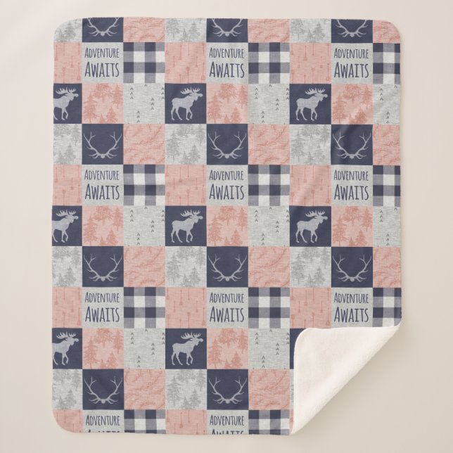 Couverture Sherpa Adventure Await Minky/Sherpa Throw, Pink and Navy (Devant)