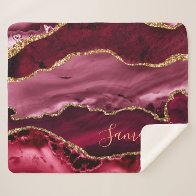 Couverture Sherpa Agate Marbre Paillettes Rouge et Or Faux (Devant (Horizontal))
