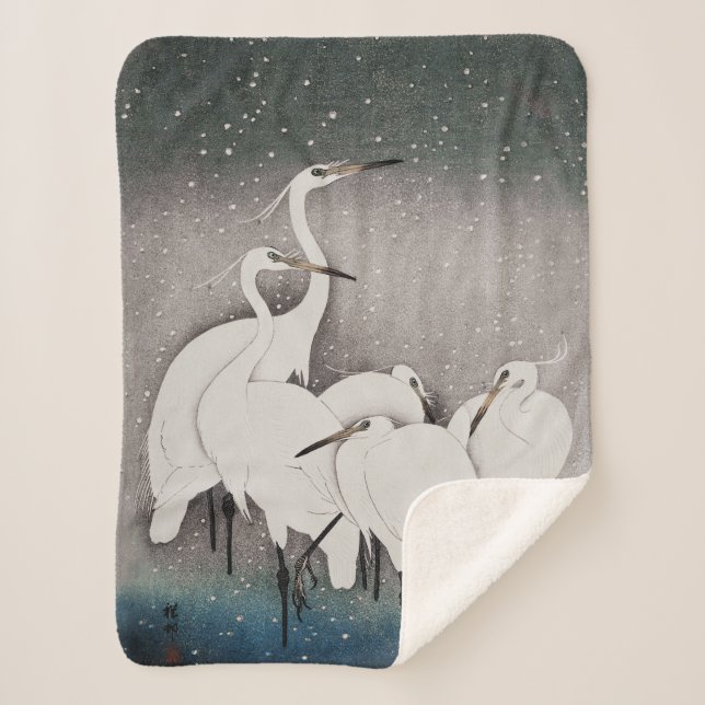 Couverture Sherpa Aigrettes japonaises Grues Koson Neige d'hiver (Devant)