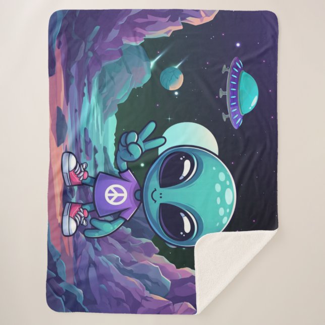 Couverture Sherpa Alien de paix mignon et vaisseau spatial (Devant)