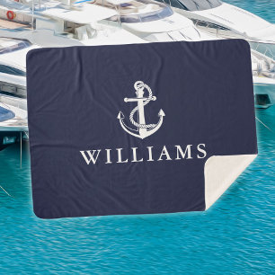 Couverture Sherpa Ancre de navire nautique nom personnalisé bleu mar