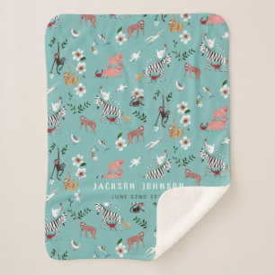 Couverture Sherpa Animaux bleus mignons paresseux, zèbre et oiseaux 
