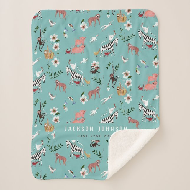 Couverture Sherpa Animaux bleus mignons paresseux, zèbre et oiseaux  (Devant)