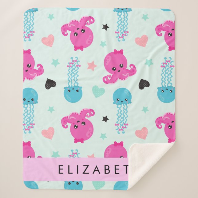 Couverture Sherpa Animaux de mer, poulpe, méduse, Coeurs, Votre nom (Devant)