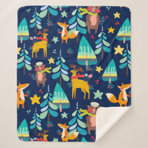 Couverture Sherpa Animaux de Noël et arbres de Noël motif