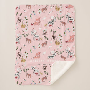 Couverture Sherpa Animaux mignons roses paresseux, zèbre et oiseaux