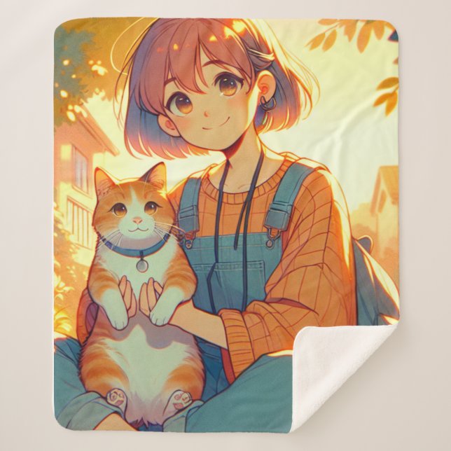 Couverture Sherpa Anime Girl Avec Son Chat Favori (Devant)
