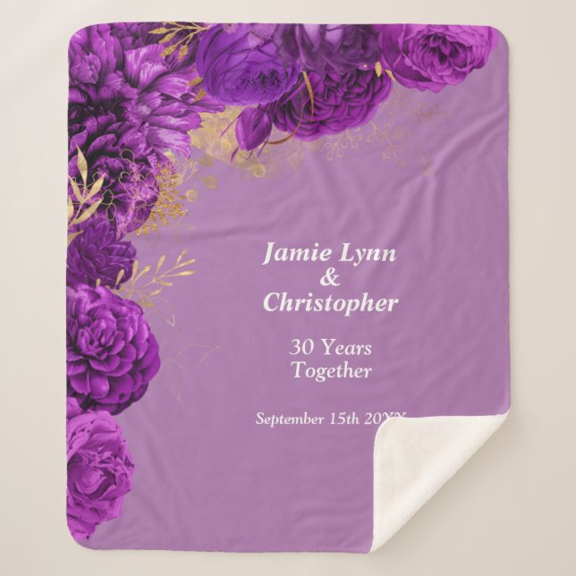 Couverture Sherpa Anniversaire du Mariage floral pourpre Sherpa Blan (Devant)