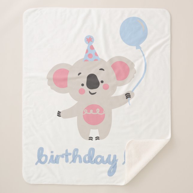 Couverture Sherpa Anniversaire Garçon Teddy Ours Tenant Un Ballons (Devant)
