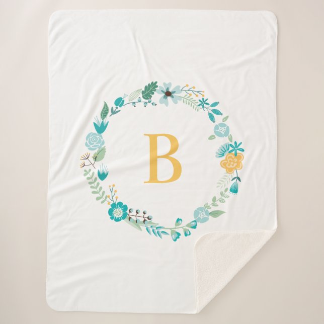 Couverture Sherpa Aqua et Yellow Monogramme Floral Wreath (Devant)