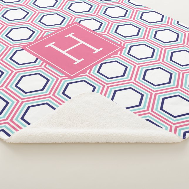 Couverture Sherpa Aqua rose et Motif bleu Monogramme (3/4)