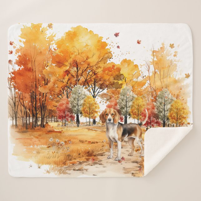 Couverture Sherpa Aquarelle Automne Chien Design - Beagle (Devant (Horizontal))