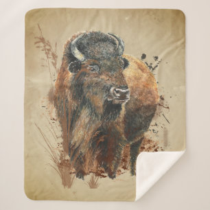 Couverture Sherpa Aquarelle Bison Buffle Animaux Faune Nature Ca