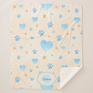 Couverture Sherpa Aquarelle Bleu Coeurs et Empreintes de pattes Moti