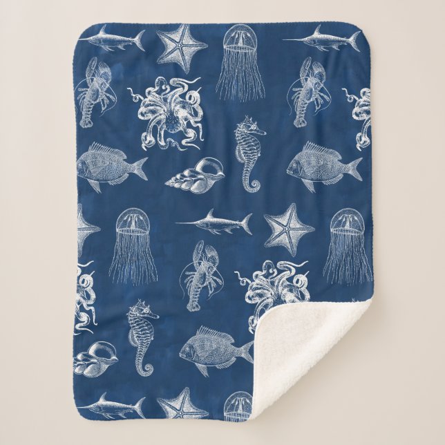 Couverture Sherpa Aquarelle bleu marine Océan Animaux marins (Devant)