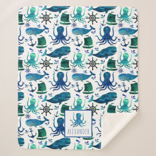 Couverture Sherpa Aquarelle bleue Nautique Sous La Mer Octopus