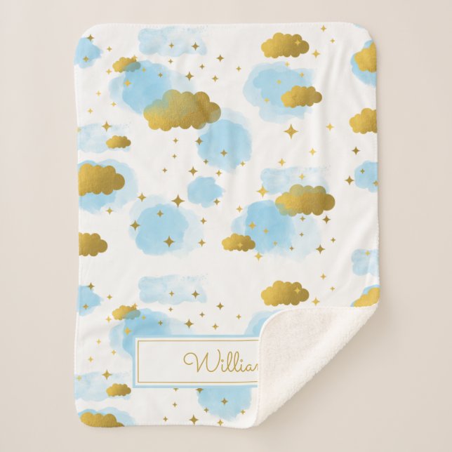 Couverture Sherpa Aquarelle bleue Nuages Gold Stars Sky (Devant)