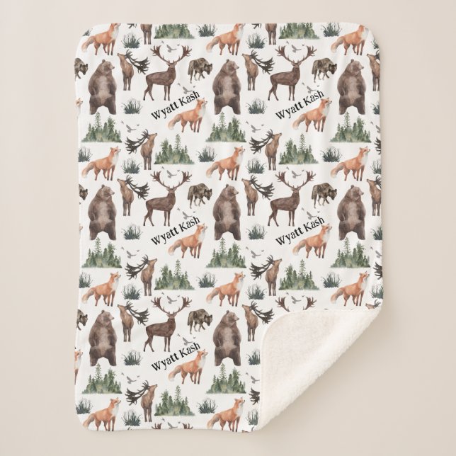 Couverture Sherpa Aquarelle Bois Forêt Animaux Nom (Devant)