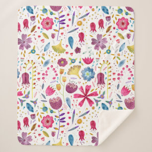 Couverture Sherpa Aquarelle Botanique Fleur sauvage Peinture de haie