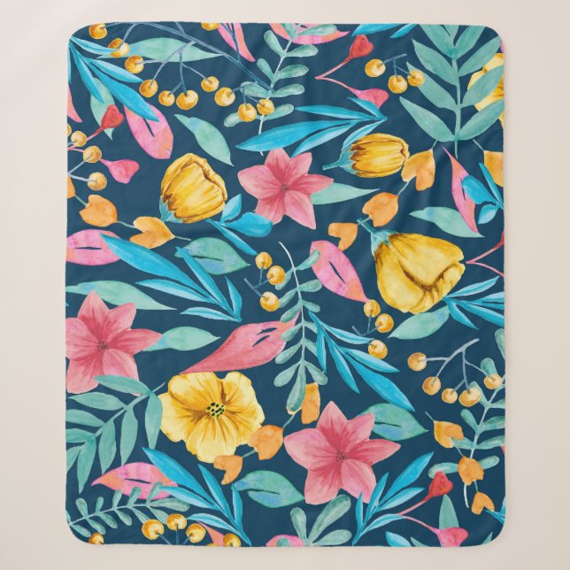 Couverture Sherpa Aquarelle botanique : fleurs, ornement feuille. (Devant)