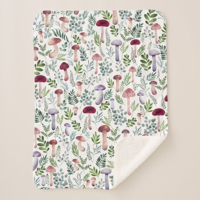 Couverture Sherpa Aquarelle Champignons et verdure feuille motif (Devant)