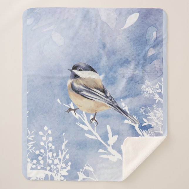 Couverture Sherpa Aquarelle Chickadee Oiseau d'hiver Faune Nature (Devant)