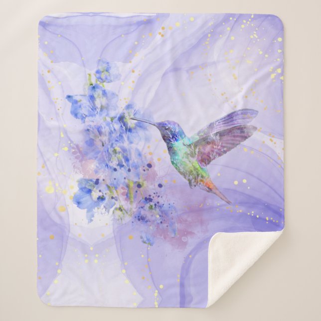 Couverture Sherpa Aquarelle Colibri bleu violet fleurs du jardin (Devant)