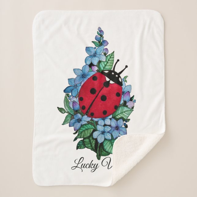 Couverture Sherpa Aquarelle Cute Ladybird Avec Fleurs Bleues Sauvage (Devant)