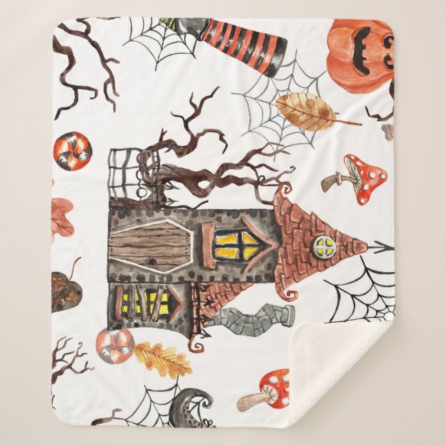 Couverture Sherpa Aquarelle d'Halloween : Haunted House Motif. (Devant)