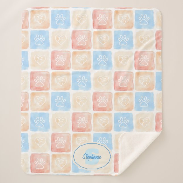 Couverture Sherpa Aquarelle Empreintes de pattes & Coeurs dans les b (Devant)
