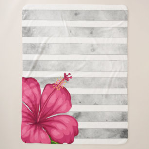 Couverture Sherpa Aquarelle Fleur rose dans une bande noire et blanc