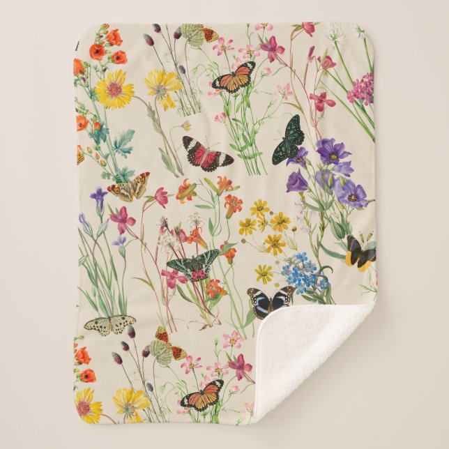 Couverture Sherpa Aquarelle Fleurs sauvages & papillons Jardin Flora (Devant)