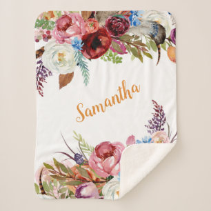 Couverture Sherpa Aquarelle Floral Baby Girl Rose Orange Nom