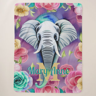 Couverture Sherpa Aquarelle florale Eléphant Nom personnalisé