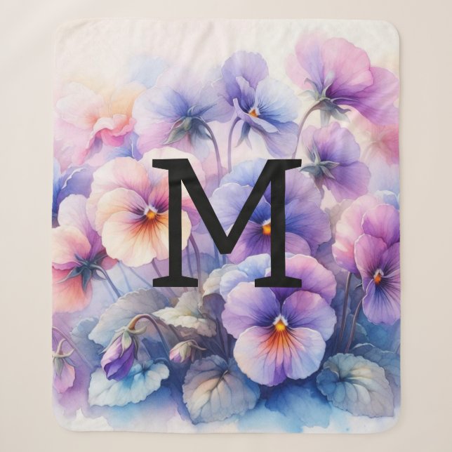 Couverture Sherpa Aquarelle florale monogramme rose pourpre panses (Devant)