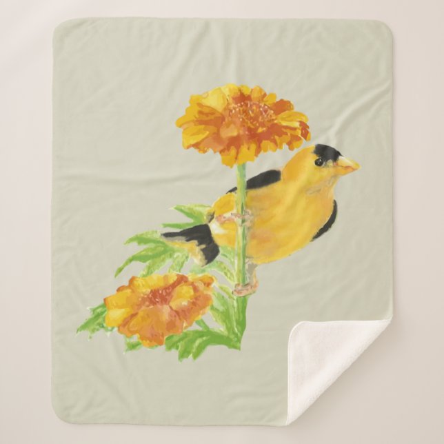 Couverture Sherpa Aquarelle Goldfinch Garden Oiseau Marigold Flower (Devant)