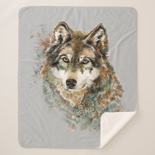 Couverture Sherpa Aquarelle Gris Loup Animal Faune Nature Art (Devant)